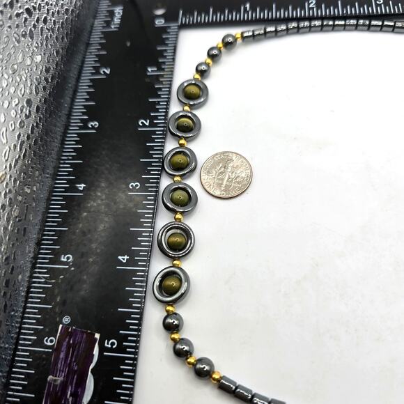 Vintage Hematite Tiger Eye Bead Necklace Gold Tone Accents 16" Choker Jewelry - Picture 6 of 7